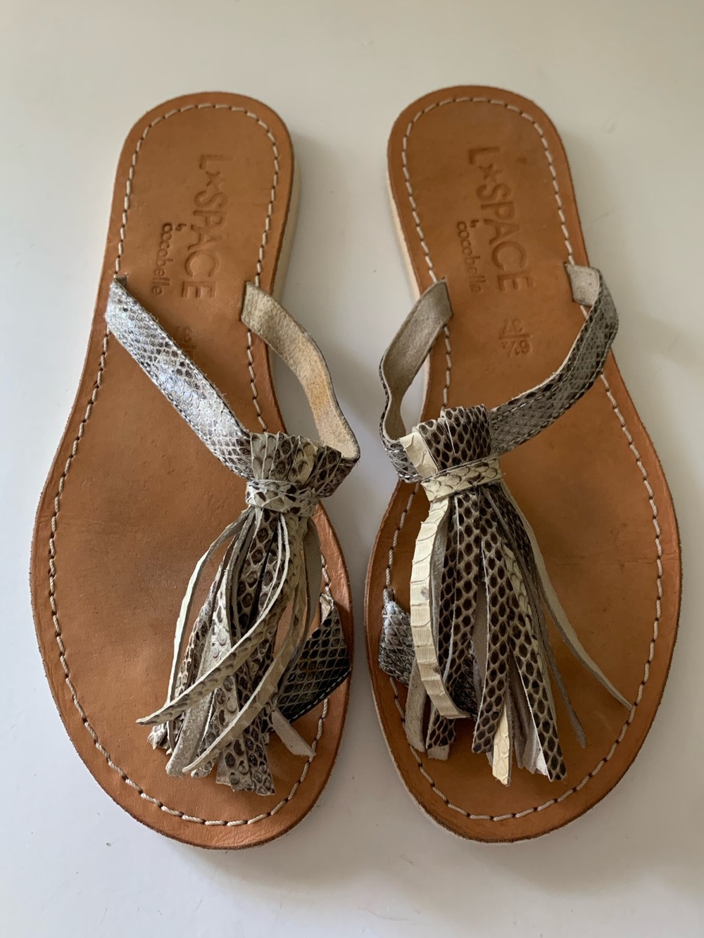 L*Space by Cocobelle Leather Fringe Sandal in Natural Animal Print, Snake, 6.5